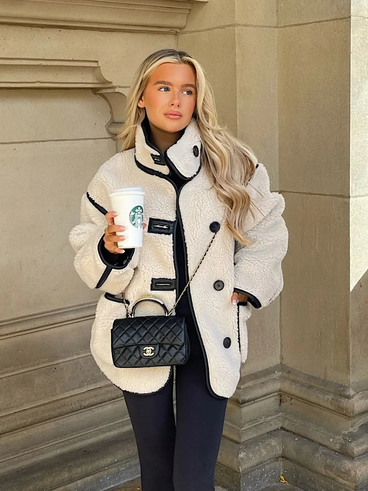 PBZA womens autumn and winter fleece jacket stand up collar single breasted loose warm teddy top 251021