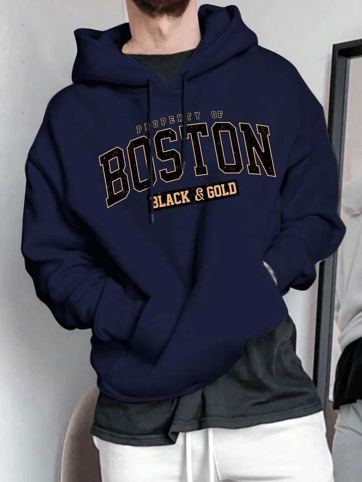 Mens autumn and winter casual fashion loose Boston letter pattern printed long sleeved hooded sweatshirt warm pullover W251021