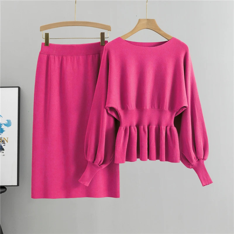 Autumn Elegant 2 Two Piece Set Women Lantern Long Sleeves Crop Tops Fashion Casual Pullover Sweater Sexy High Waist Skirts Sets 251021