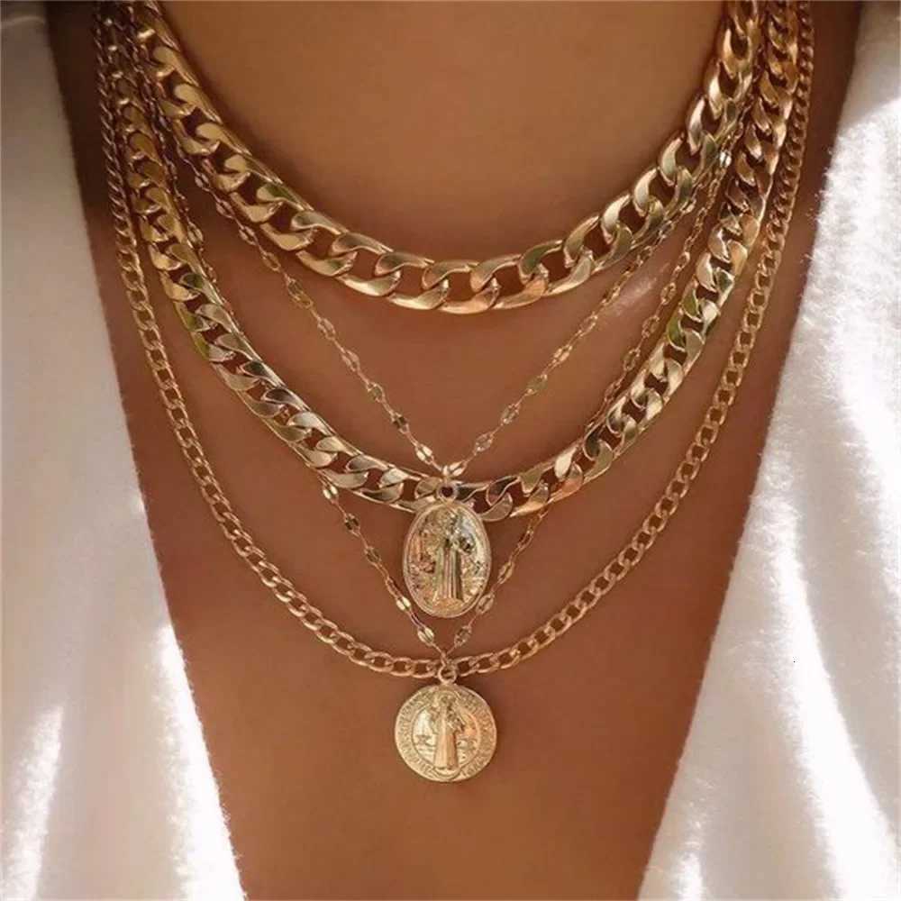 Vintage Punk Gold-Plated Thick Chain Head Portrait Coin Pendant Necklace for Women Fashion Multilevel Geometric Hip Hop Jewelry XJ250717