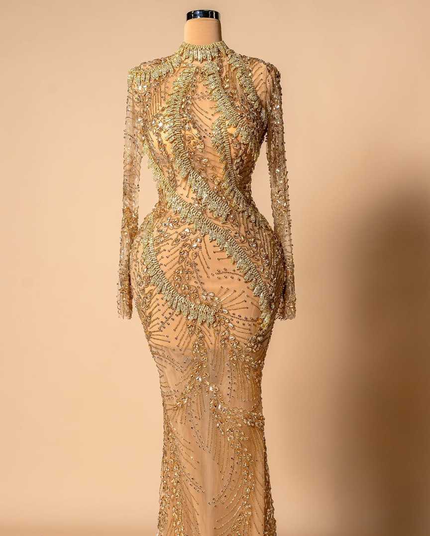 Sparkling Evening Dresses High Neck Long Sleeve Beaded Crystals Bride Gown Robe Soiree Customized Vestidos De Noche