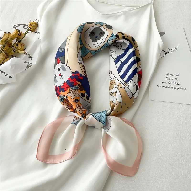 Luxury Brand Cartoon Cat Square Imitation Silk Scarf Spring and Summer Head Wrap For Women Multifunction Neckerchief W251021