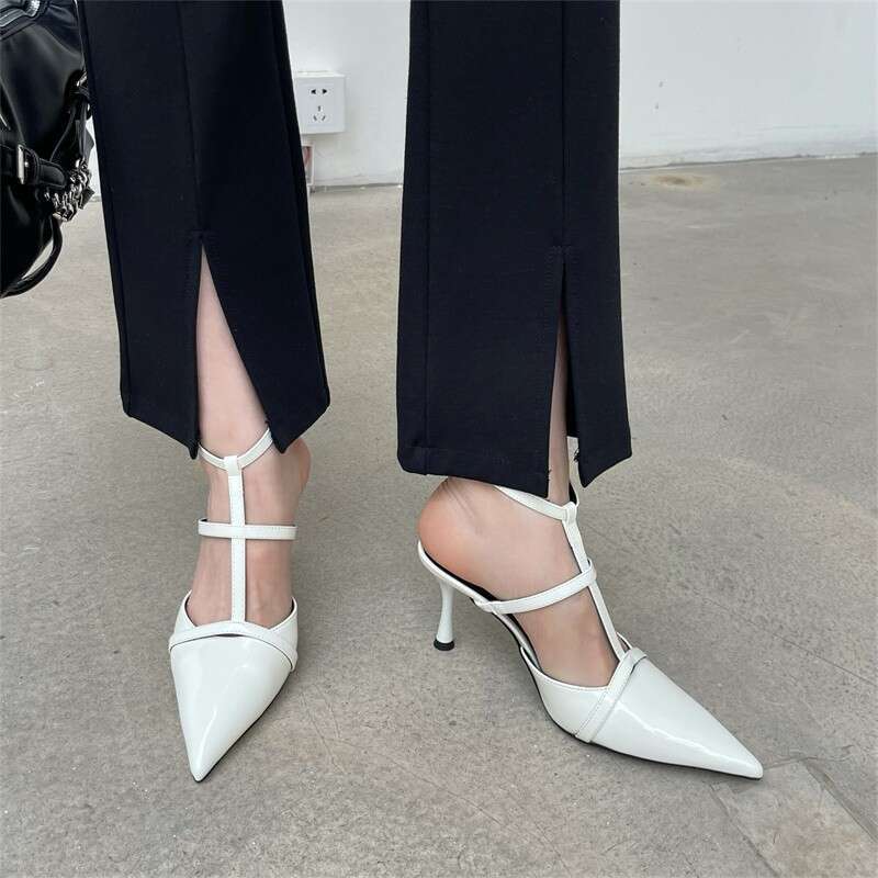 Shiny Leather Versatile One-Strap Pointed High Designer Shoe Heels 2025 Spring New Thin Heel Shallow Mouth Closed Toe Backless Sandals
