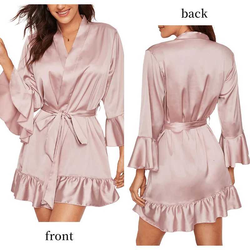 Womens Satin Nightgown Imitation Silk Solid Color Lotus Leaf Edge Cuff Belt Mini Skirt Womens Casual Nightgown Y251104