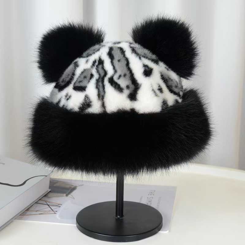 Pastoral Style Warm Fur Hat Leopard Print Bear Ears Cute Hat H251020