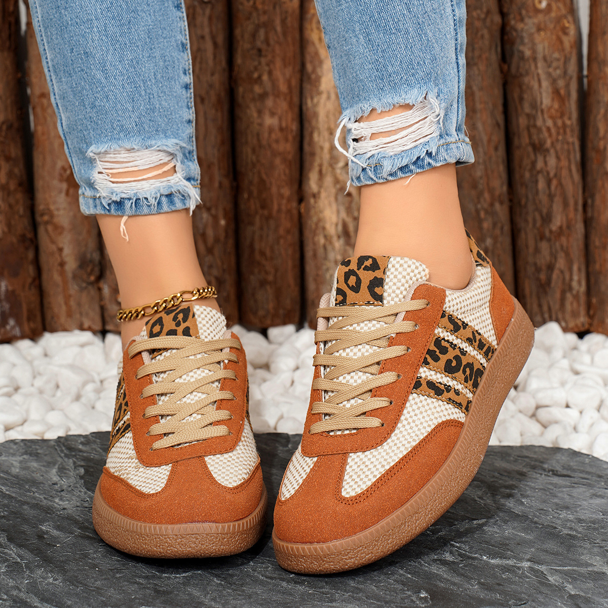 Retro German training shoes women's new lace-up color-blocked round toe leopard print contrasting flat casual board shoes2025