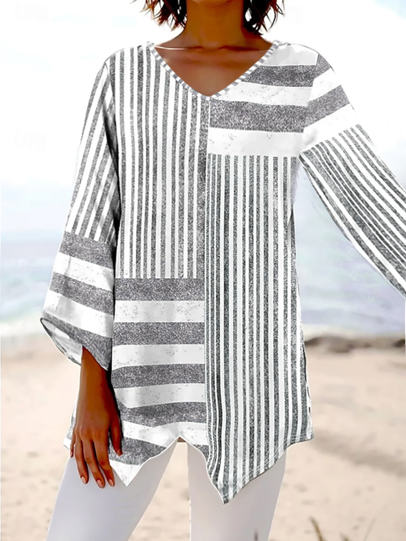 Women's New Fashion Striped Printed V-Neck Daily Casual Long Sleeve T-Shirt, Milk Silk Versatile Top-CF51068