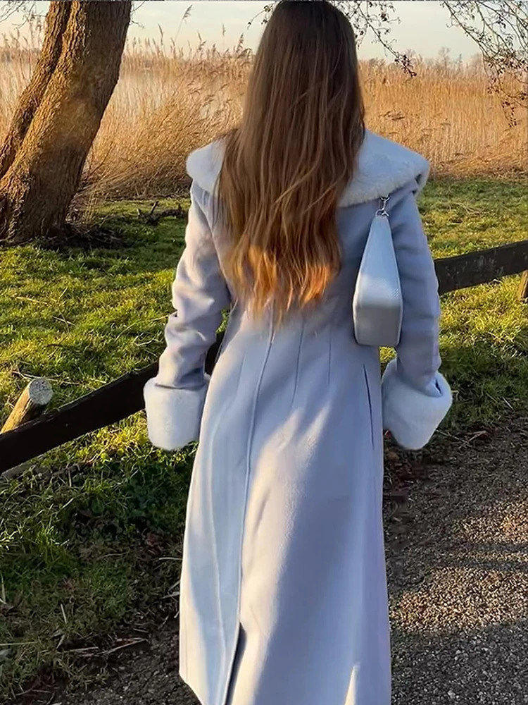 Women Chic Fur Patchwork Woolen Overcoat Elegant Vneck Waist Cinching Loose Outerwears Lady Winter Daily Commute Street Coat 251017