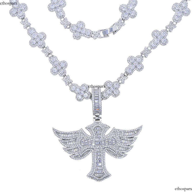 Hip Hop Wing Cross Pendant Necklace with Chain 5A Zircon White Gold Plated Religious Men Jewelry