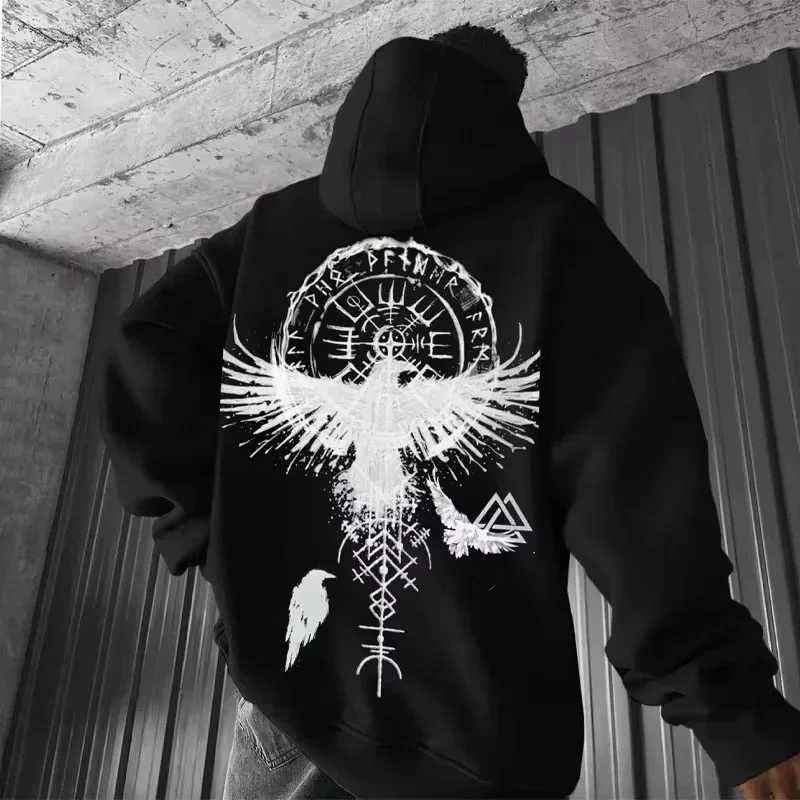 Totem Viking print hoodie for men y2k loose hoodie with eagle pattern sporty casual and fashionable W251021
