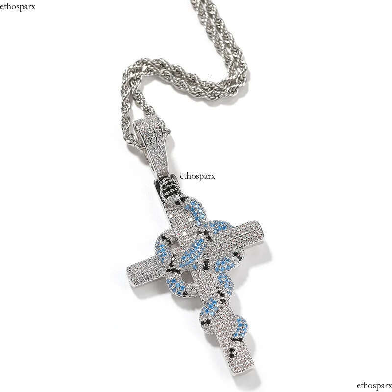 Hip Hop Colorful Snake Cross Pendant Necklace TopBling Full Cubic Zirconia Religious Jewelry