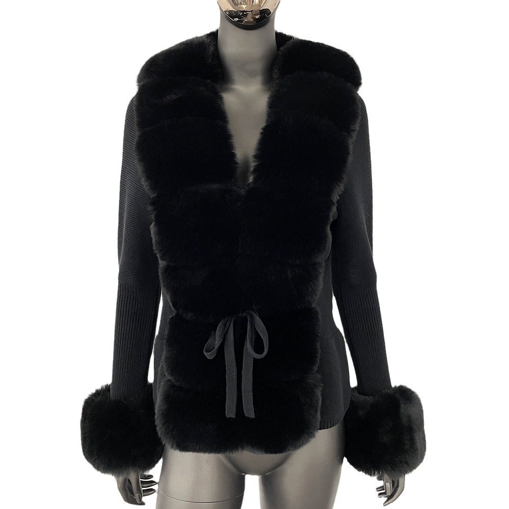 Fall Winter Women Faux Fur Coat Knitted Sweater Fur Cardigan Detachable Collar White Pink Jacket Faux Fur Coats 241106