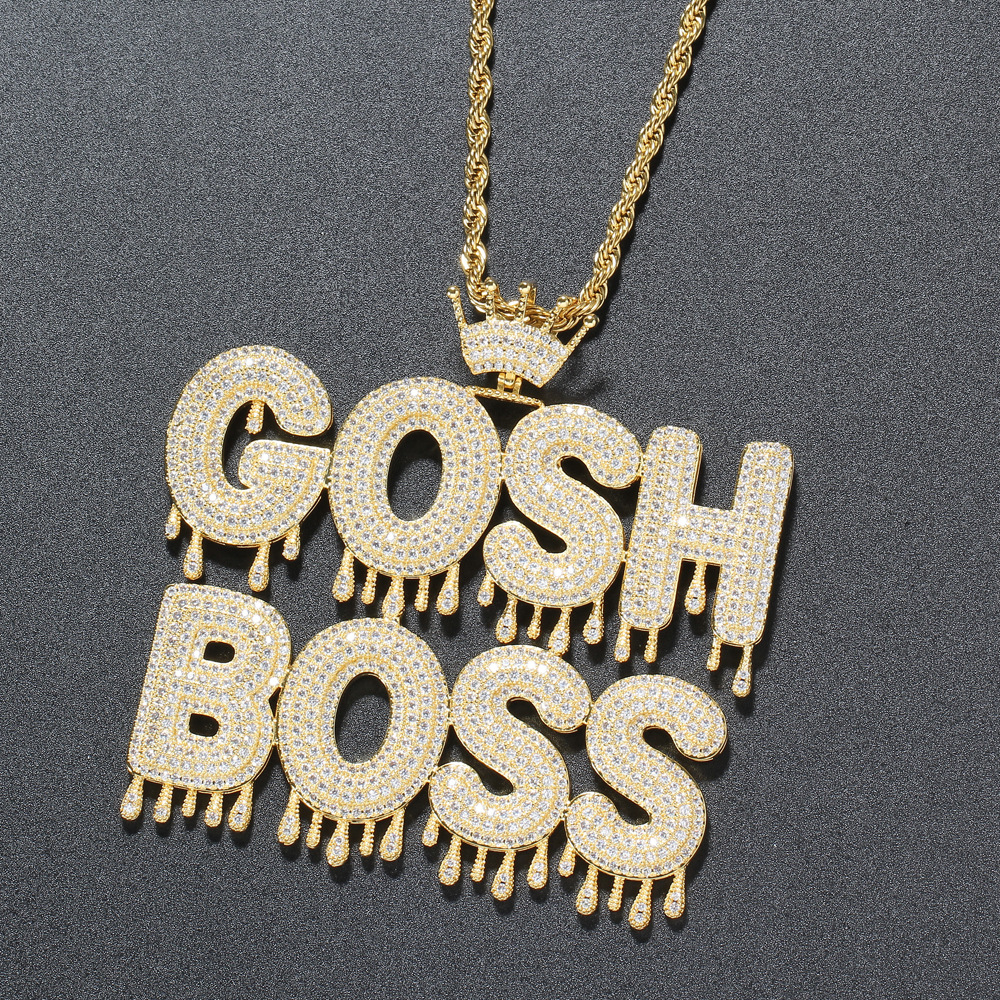 Hip Hop A-Z Custom Letter Pendant Necklace Waterdrop Leters with Crown Clasp 18K Real Gold Plated Jewelry