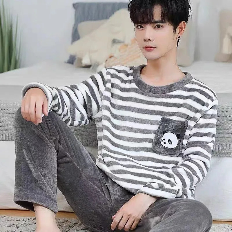 Winter Flannel Pajamas Men Korean Version of the Striped Padded LongSleeved Cartoon Nightwear Homewear Set Sleepwear Loungewear 251021