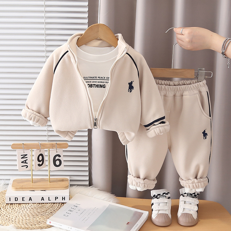 2025 Boys Fleece-Lined 3-Piece Set, Korean Style Winter Outfit for Toddlers, Warm Jacket & Pants Coordinated Ensemble