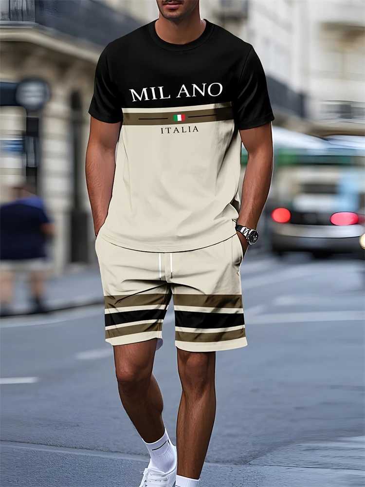 Summer Mens Stripe Letter Print Short Slve Top Shorts 2 Pieces Set Oversized Loose Round Neck Tshirt Man Drawstring Shorts X251021