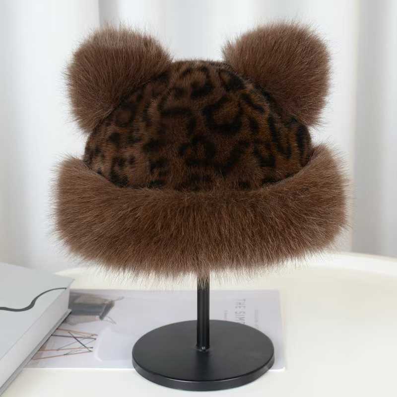Pastoral Style Warm Fur Hat Leopard Print Bear Ears Cute Hat H251020