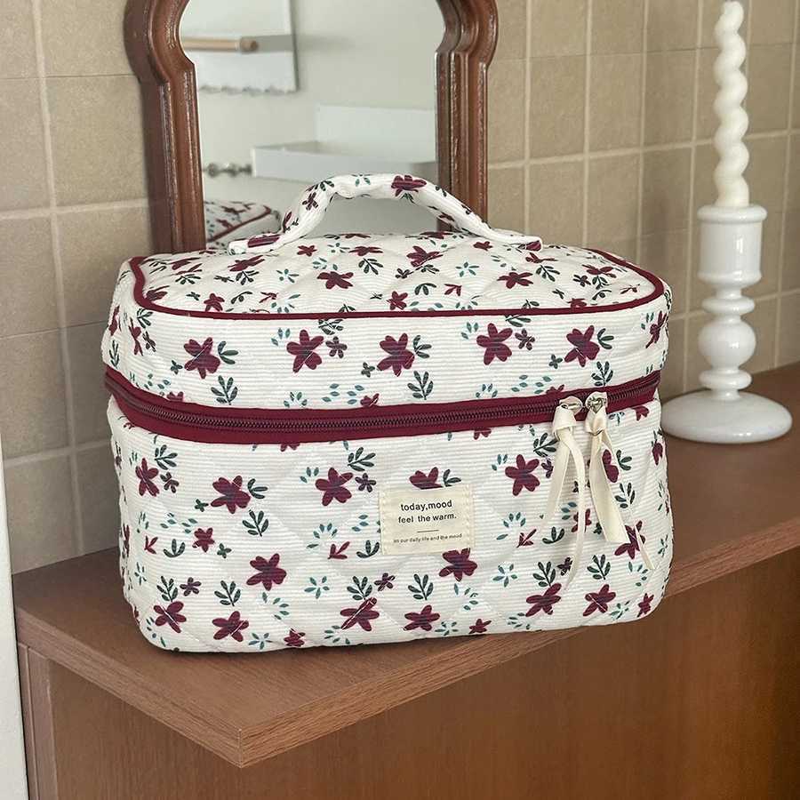 Fashion Red Floral Tote Womens Bag Large Capacity Cosmetic Storage Bag Handbag Ladies Corduroy Makeup Pouch Makeup Clutch BagW251021