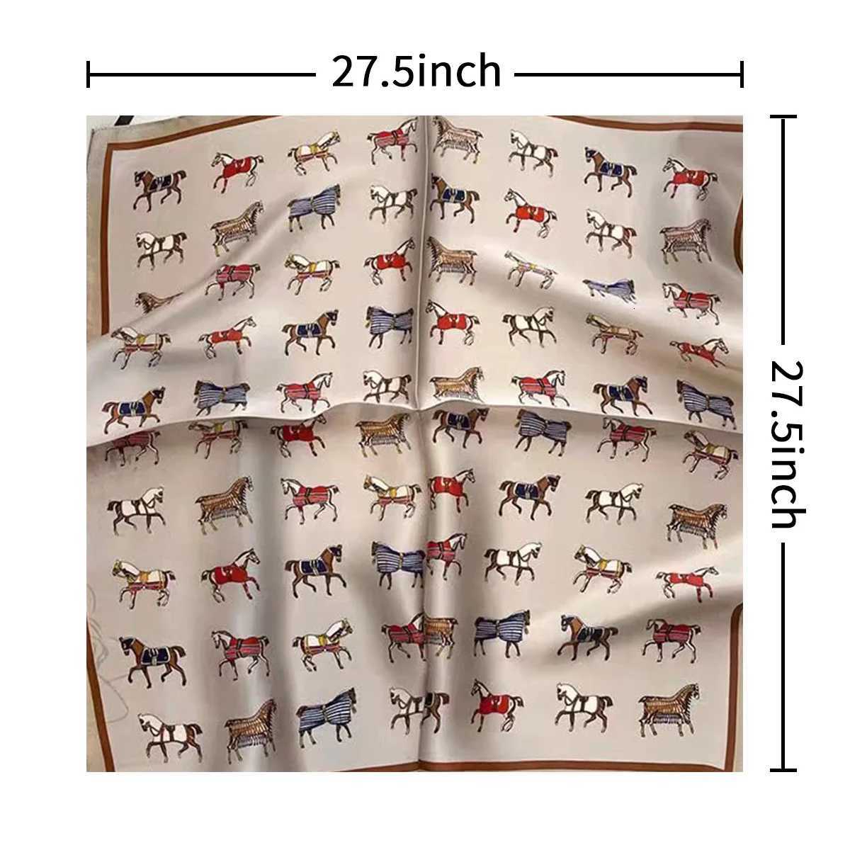 275 Dark Green Horse Print Square Scarf Vintage Cartoon Imitation Silk Neck Scarf Bandana Classic Head Wrap Hair Accessories W251021