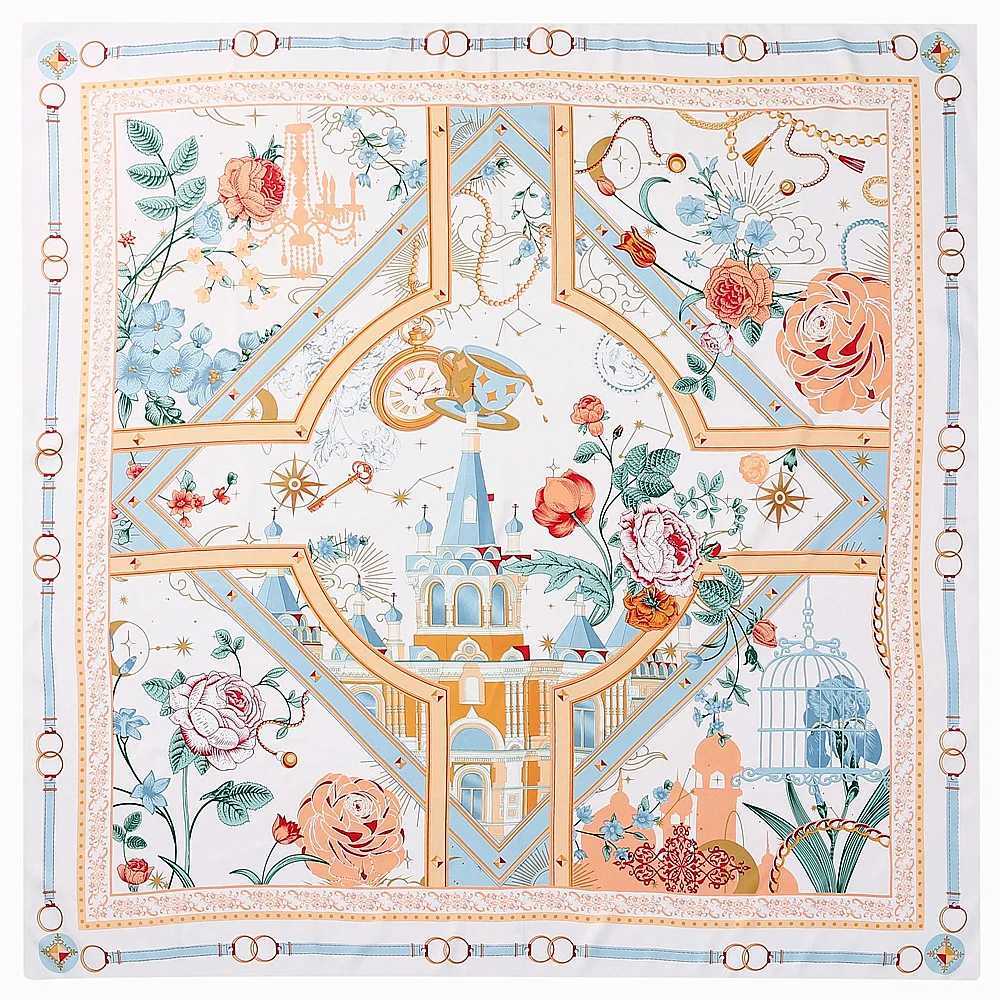 POBING Silk Scarf Women Large Shawls Back Garden Print Stoles Square Bandana Luxury Kerchief Hijab Female Foulards 130CM W251021