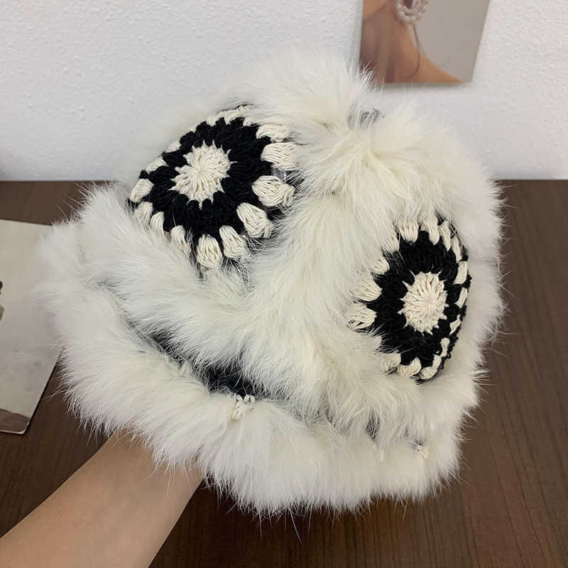 Rabbit Fur Lion Dance National Trend Knitted Hat for Women Cute Plush Fisherman Hat Fluffy Knitted Tiger Head Hat for Autumn and Winter H251020