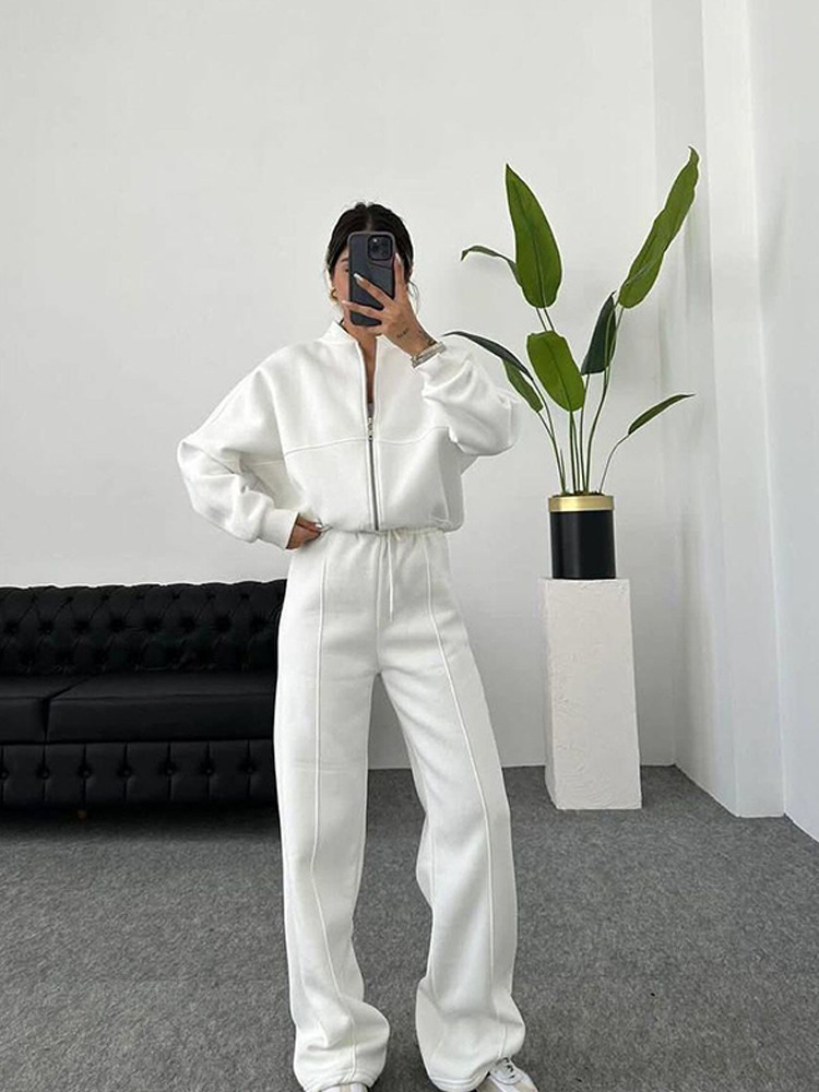 Women's Tracksuits Women Sweatsuit Set Vintage O-neck Zipper Bomber Jackets High Waist Loose Pants Suit Female 2025 winter Fashion Lady