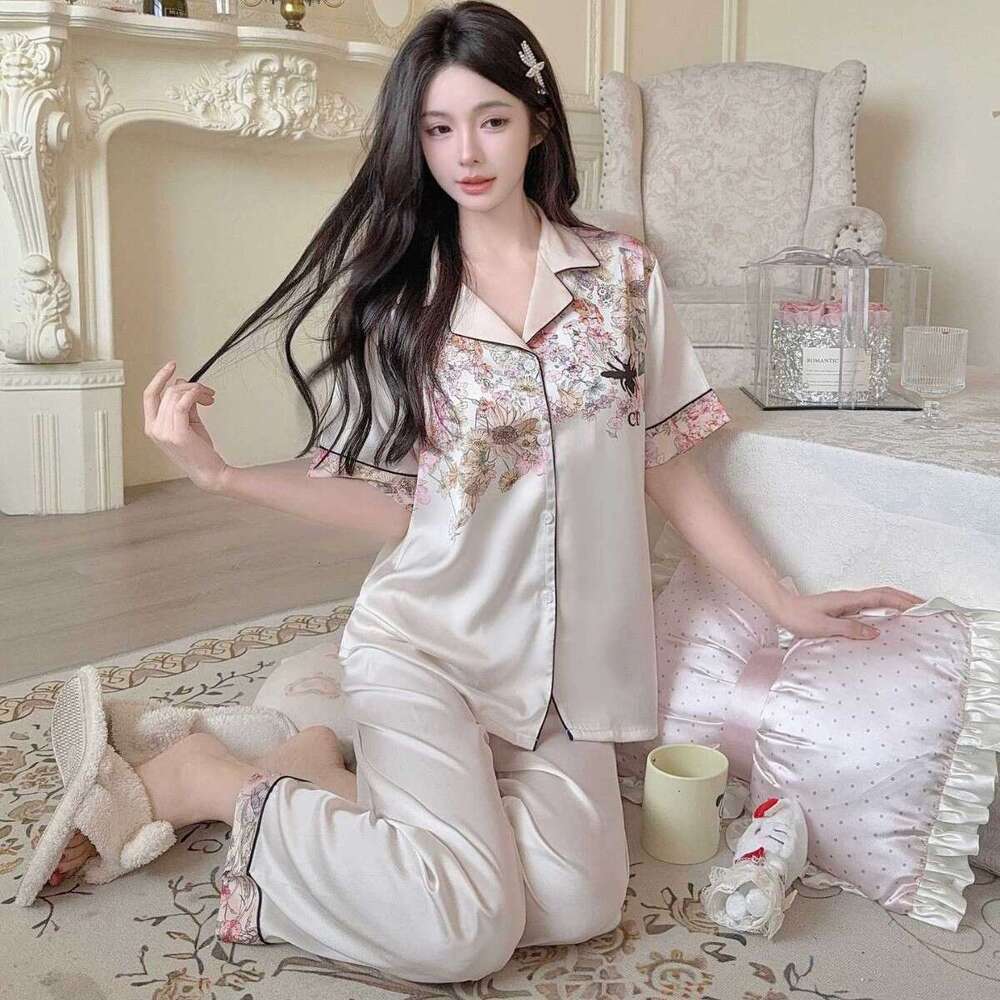 2025YD Home Wear New Ice Pajamas for Women Spring and Autumn Long Sleeve Silk Pink Little Bee Three-Piece Set
