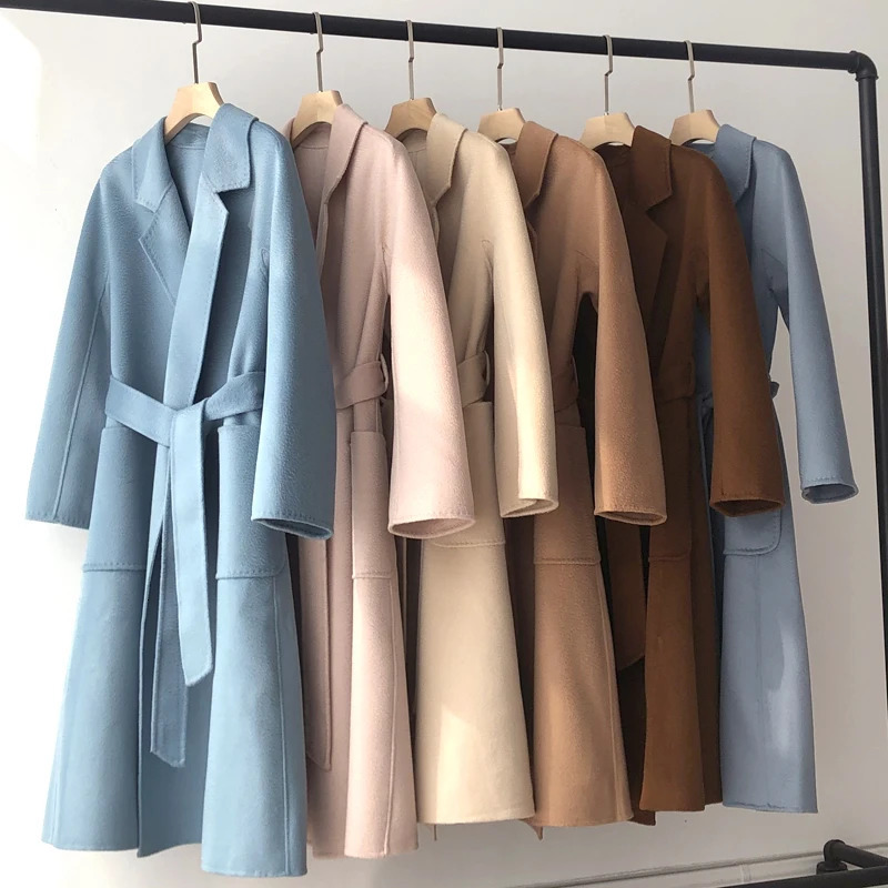Women Handmade Corrugated Water Ripples Coat Doublesided Cashmere Wool Long Woolen Jacket Korean 251013