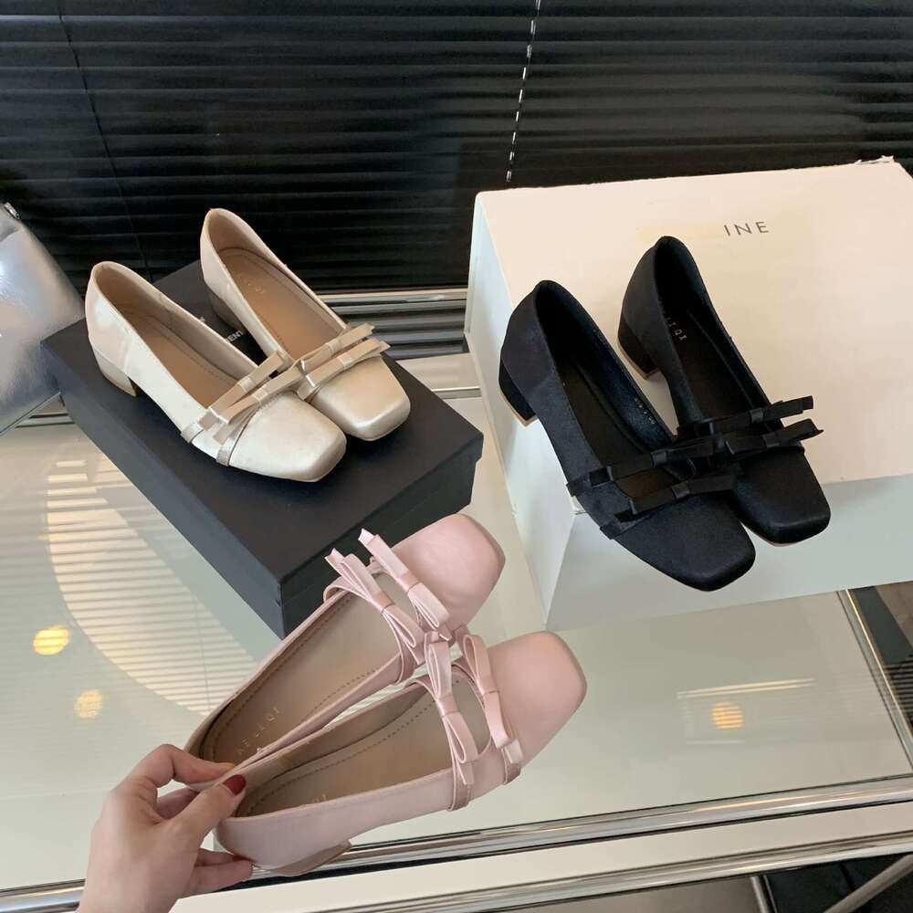 2025 New Designer French Satin Mary Jane - Women's Sweet & Elegant Slip-On Single Shoes with Square Toe & Chunky Heel