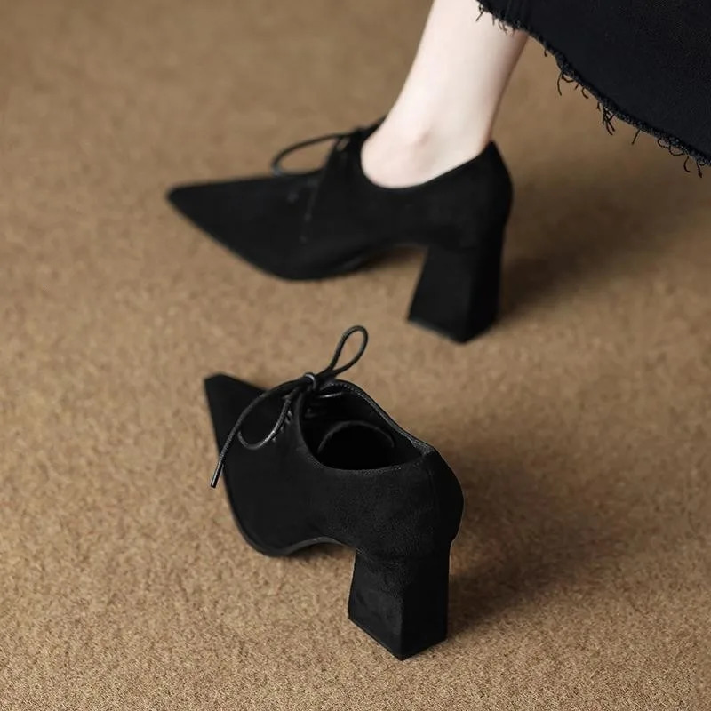 Krazing Pot Sheep Suede Comfort Spring Shoes Chunky Heels Oxford Shoes Pointed Toe Lace Up Women Deep Mouth British School Pumps 251017