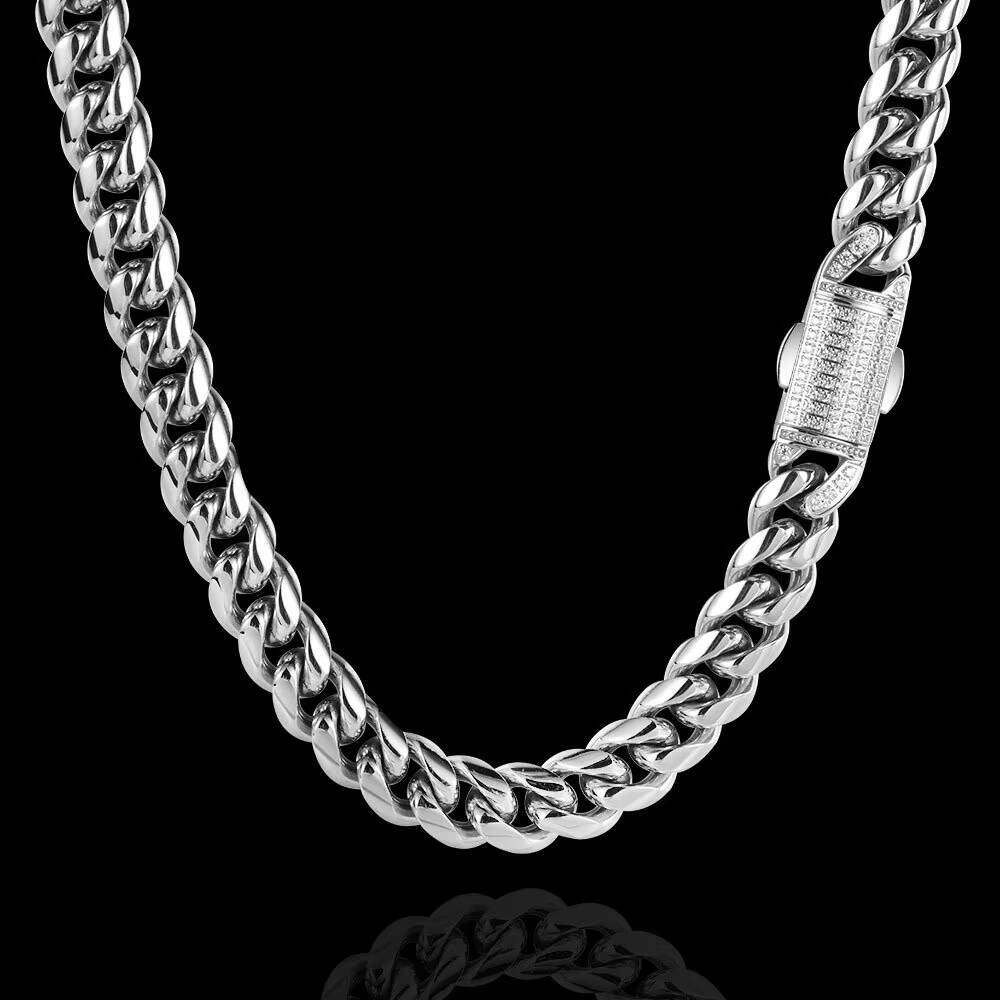 Iced Out 12mm Hip Hop Stainless Steel Encrypted Cuban Chain Diamond Spring Buckle Fashion Personalized Mens Necklace