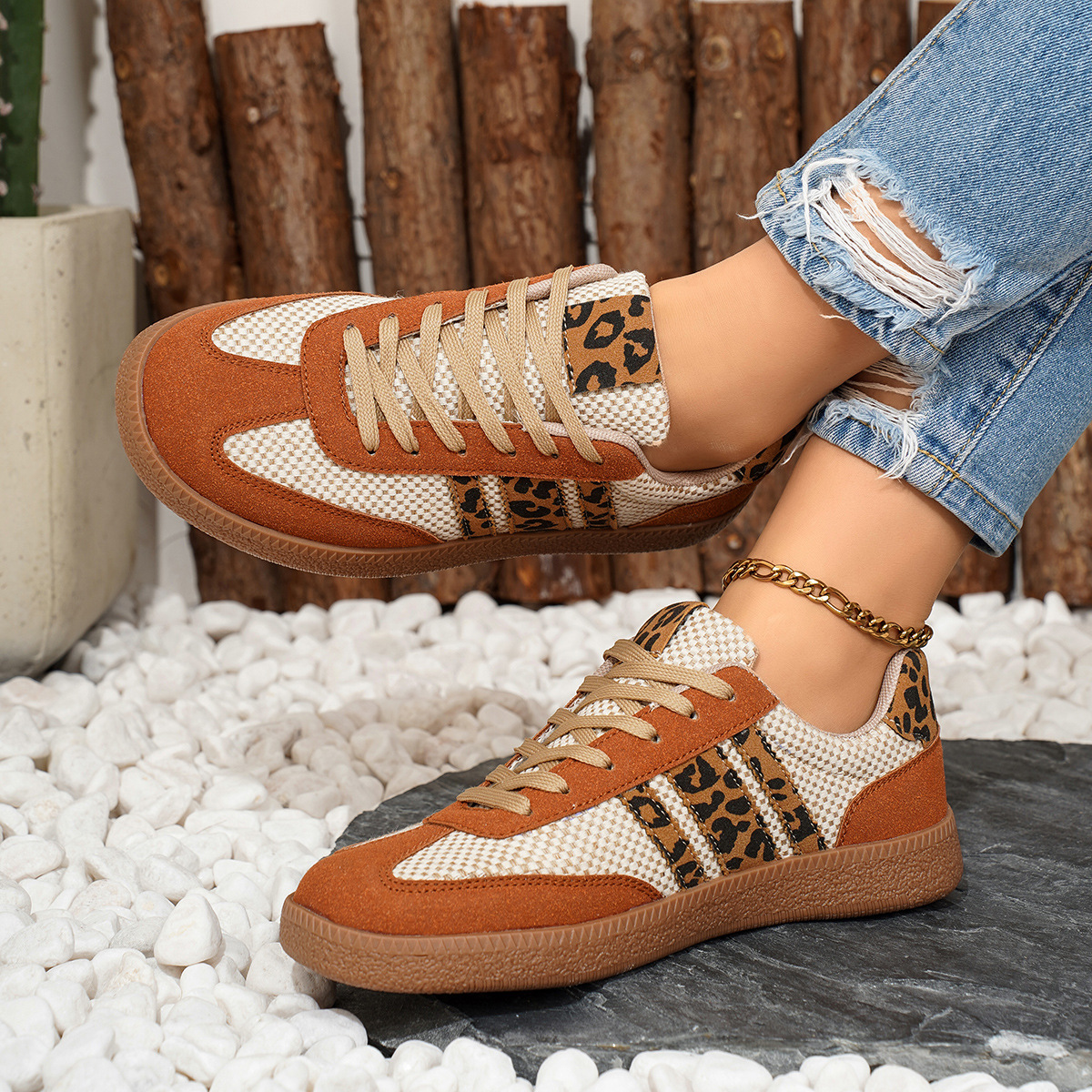Retro German training shoes women's new lace-up color-blocked round toe leopard print contrasting flat casual board shoes2025