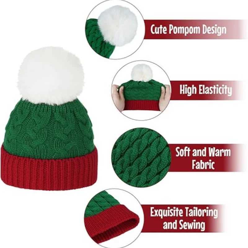 Adult Kids Cute Fluffy Ball Christmas Knitted Hat Winter Warm Santa Beanie New Year Party Gift Xmas Navidad Decoration J251021
