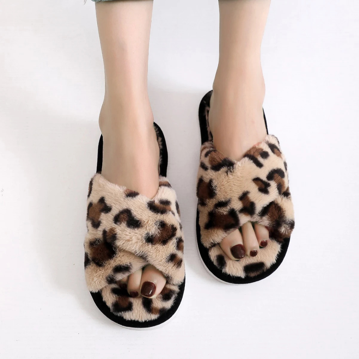 Autumn Winter Leopard Print Slippers Womens Fashion Plush Fur Slides Home Flip Flops Indoor Warm EVA Anti Slip Living Room Shoe 251021