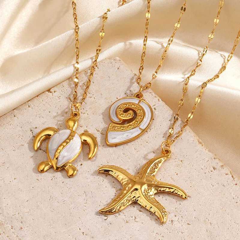 Stainless Steel White Enamel Turtle Conch Gold Color Big Starfish Pendant Necklace for Women Party Daily Jewelry GiftsXJ250717