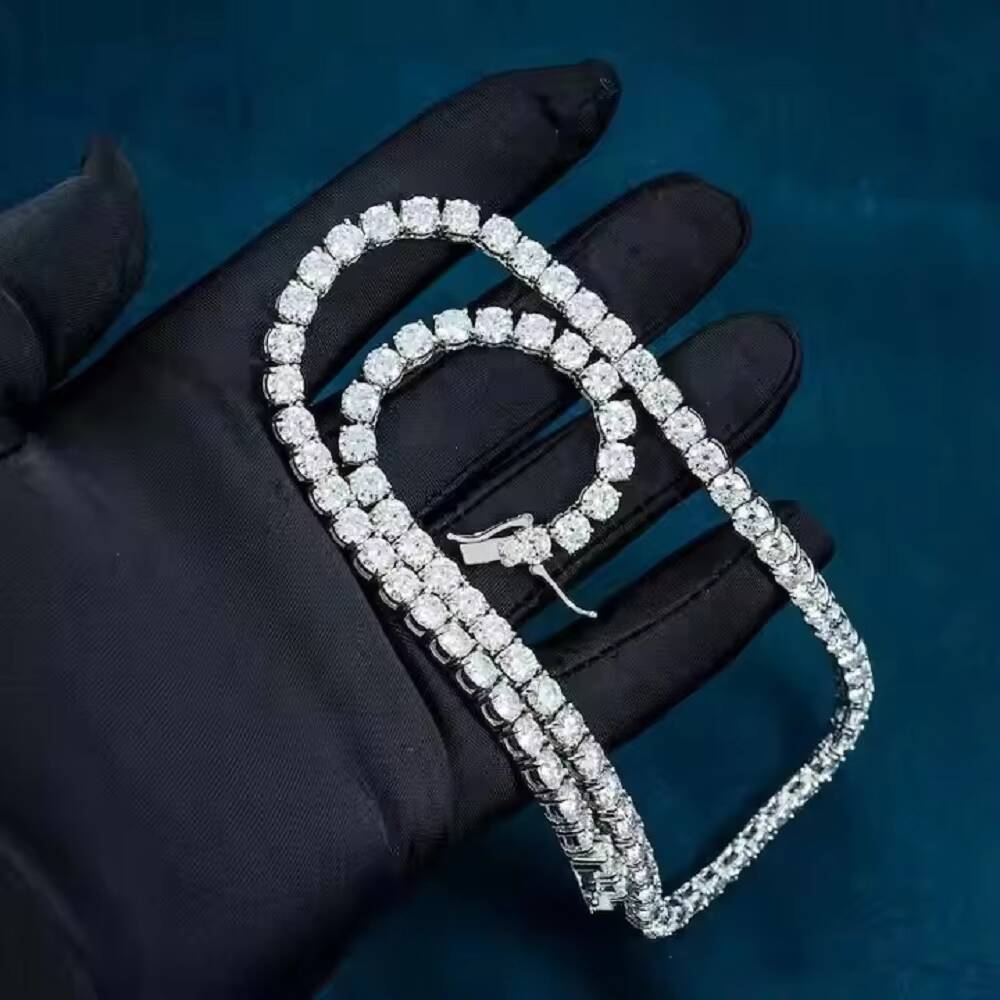 Hand Set MOISSANITE Stones Prong Cuban Link Chain Necklace Solid 925 Sterling Silver WRhodium Finish PASSES DIAMOND Tester