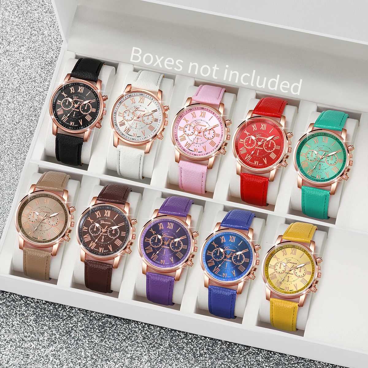 10PCS Women es Set Fashion Roma Dial Ladies Quartz Casual Leather Band Wristes Relogio Feminino Reloj MujerXJ251021