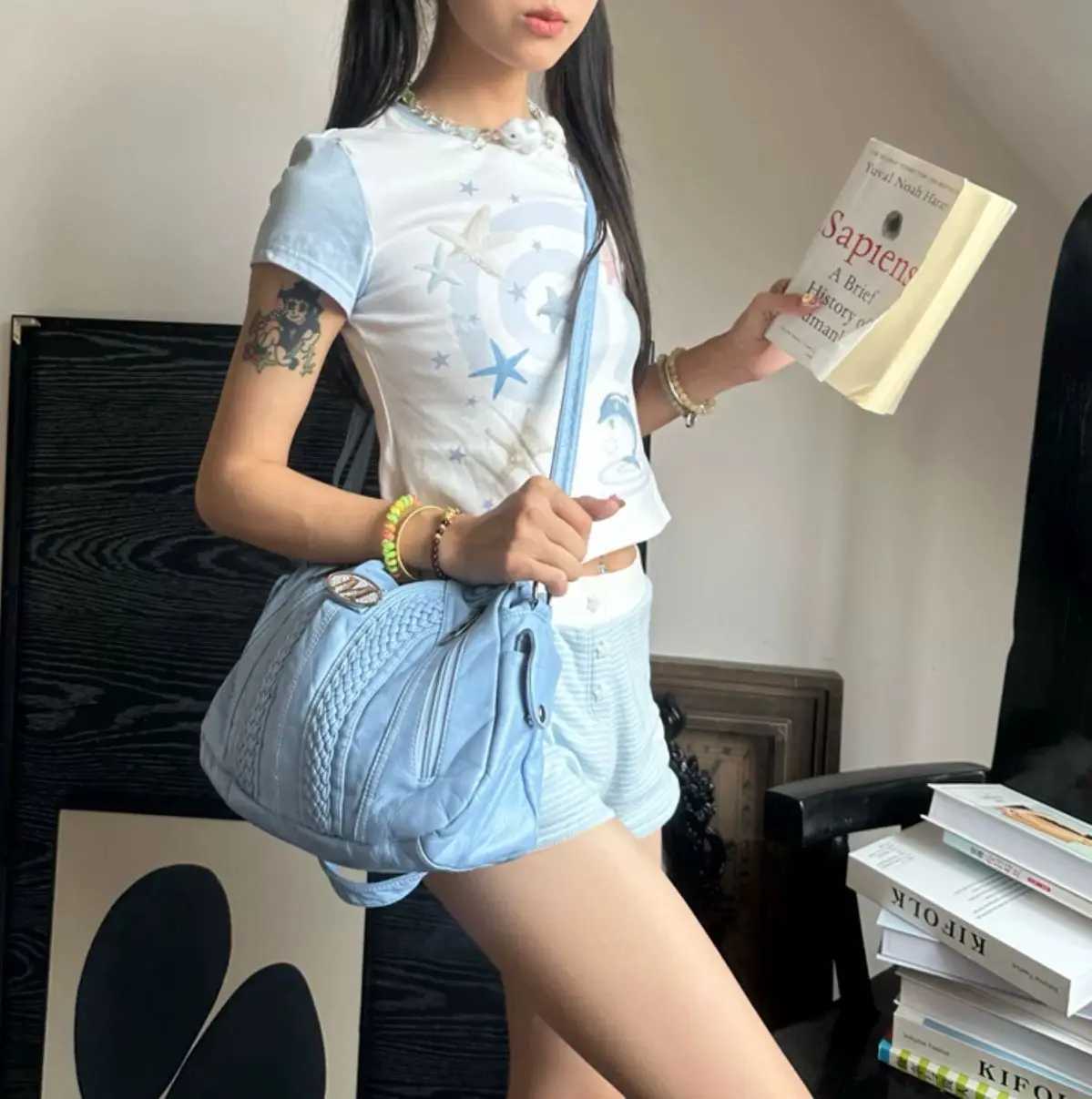 JIAERDI Hot Girls Blue Shoulder Bags Women Retro Leather Large Capacity Y2k Handbag Female Vintage Messenger Tote Bag Aesthetic Z251018