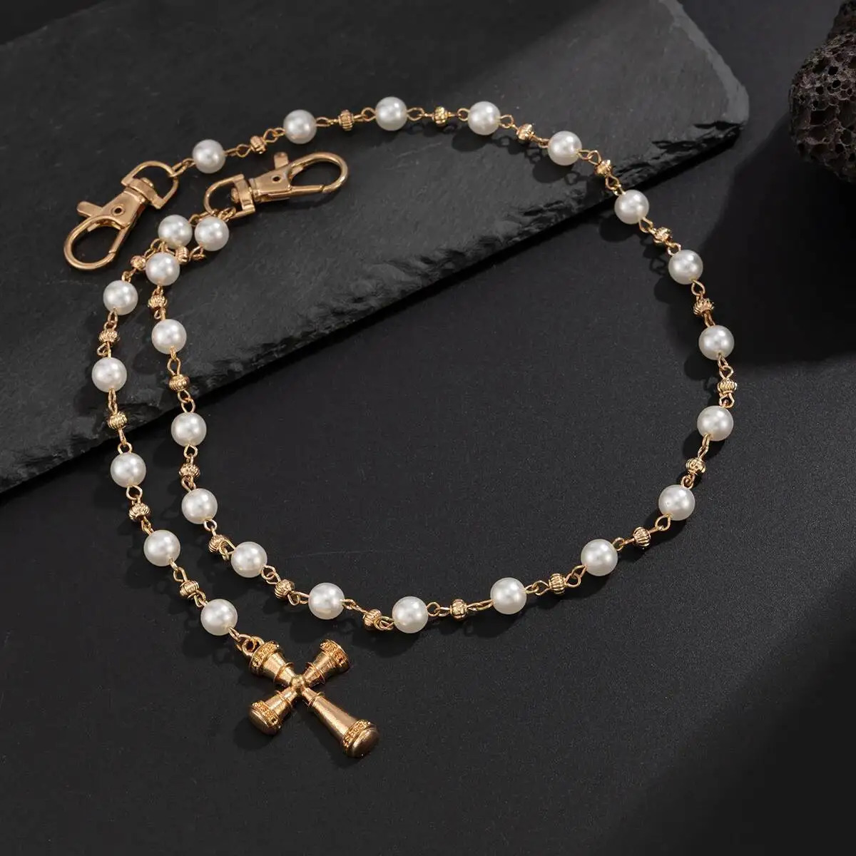 Ingemark Creative Cross Pendant Pearl Keychain Wallet Belt Chain for Men Women Trousers Hipster Jeans Chain Jewelry 251021