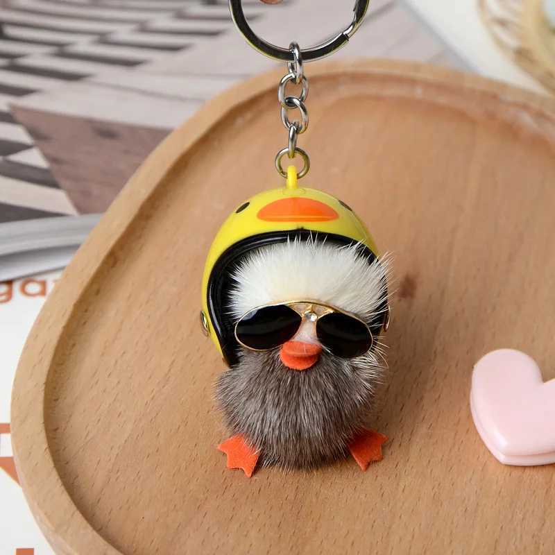 Cute Woman Keychain A Cool Duck with Helmet and Eyes Mink Hair Little Duck Plush Bag Pendant Car Keychain W251021