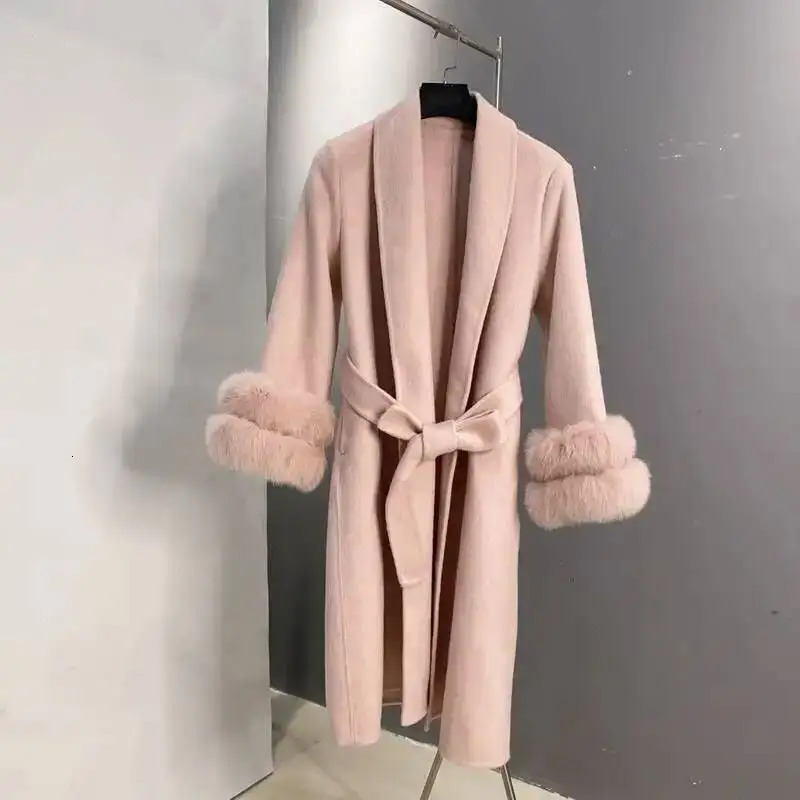 EWQ Double Sleeved Fur Fox Fur Thick Outerwear Purple Wool Coat Beautiful Overcoats Cardigan With Belt Autumn Winter 251017