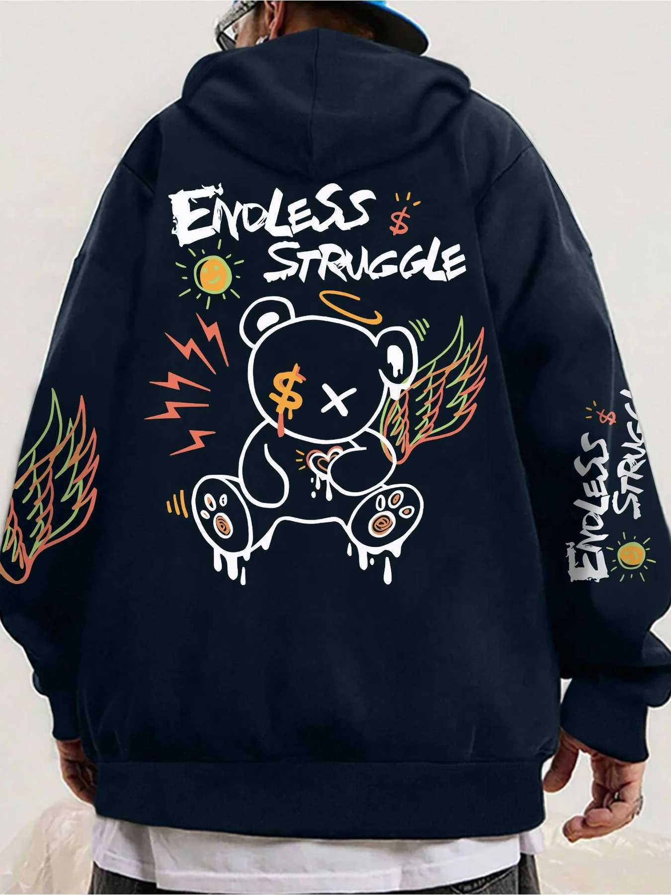 Hot selling mens autumn cartoon bear print soft and comfortable hooded sweatshirt outdoor street style clothing W251021