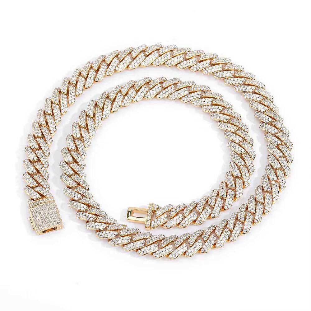 HipHop Iced Out Zircon Gold Plating Brass Copper 2 Row 10mm Chunky Miami Cuban Link Choker Necklace Bracelet Jewelry for Men