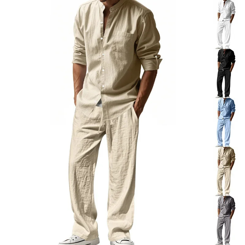 2025 Crossborder American Four Seasons Linen Mens Casual Suit Loose Long Sleeve Pants Shirt Suit Mens 251021