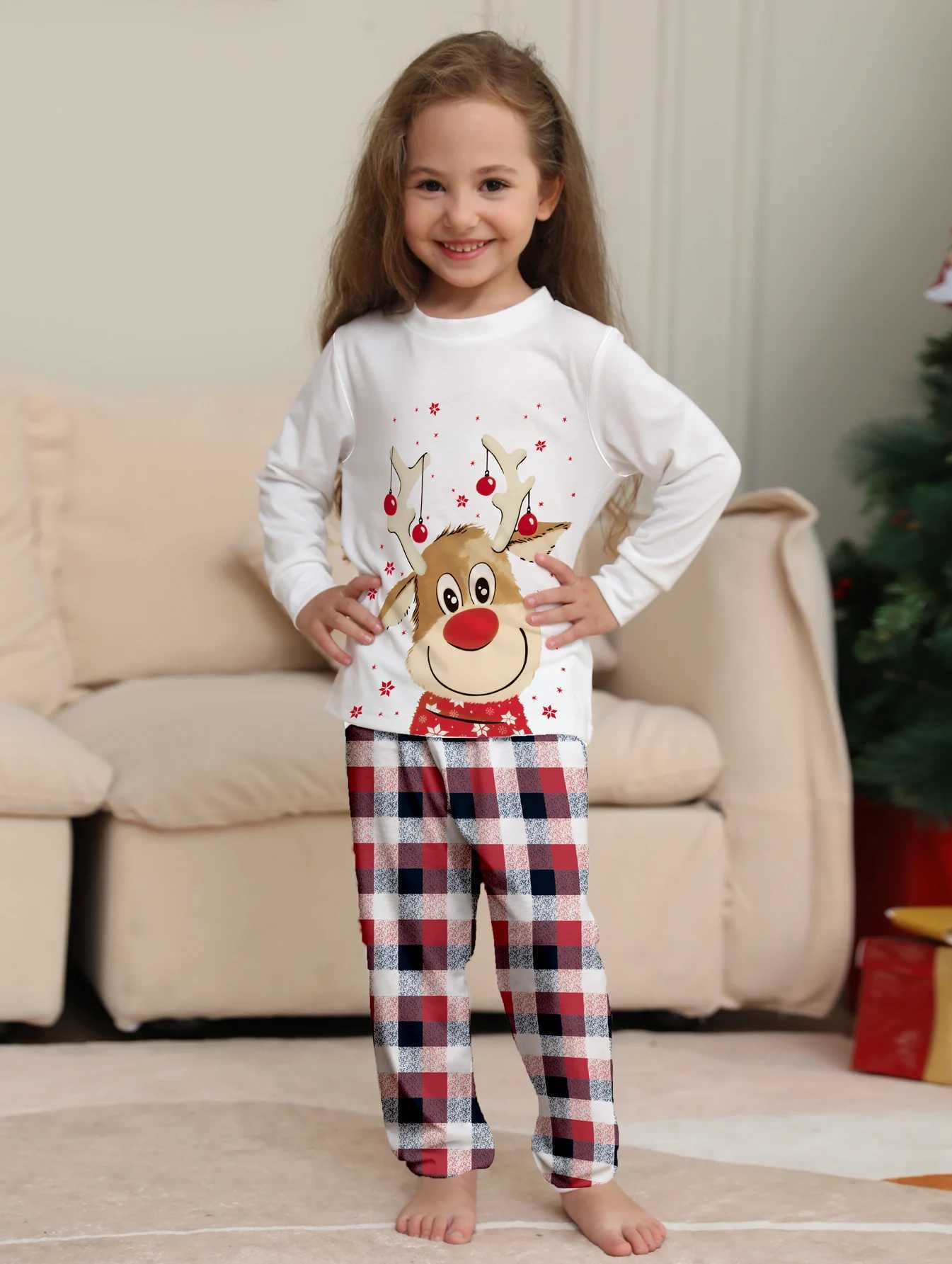 Festive Family Matching Pajamas White Reindeer Christmas Themed Top Red Plaid Pants Set L251021EVQM