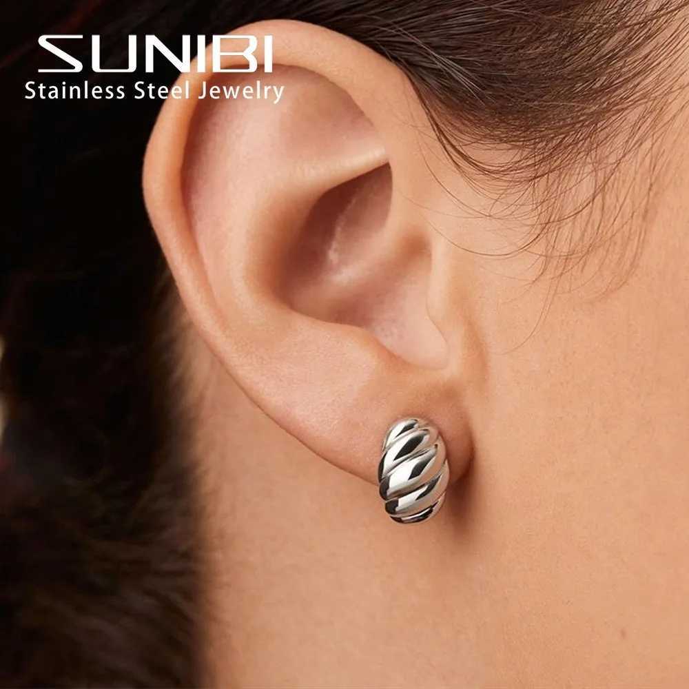 SUNIBI Small Stainless Steel Stud Earrings for Women Gold Color Bread Texture Simple Round Circle Ear Rings Trendy Jewelry J251021