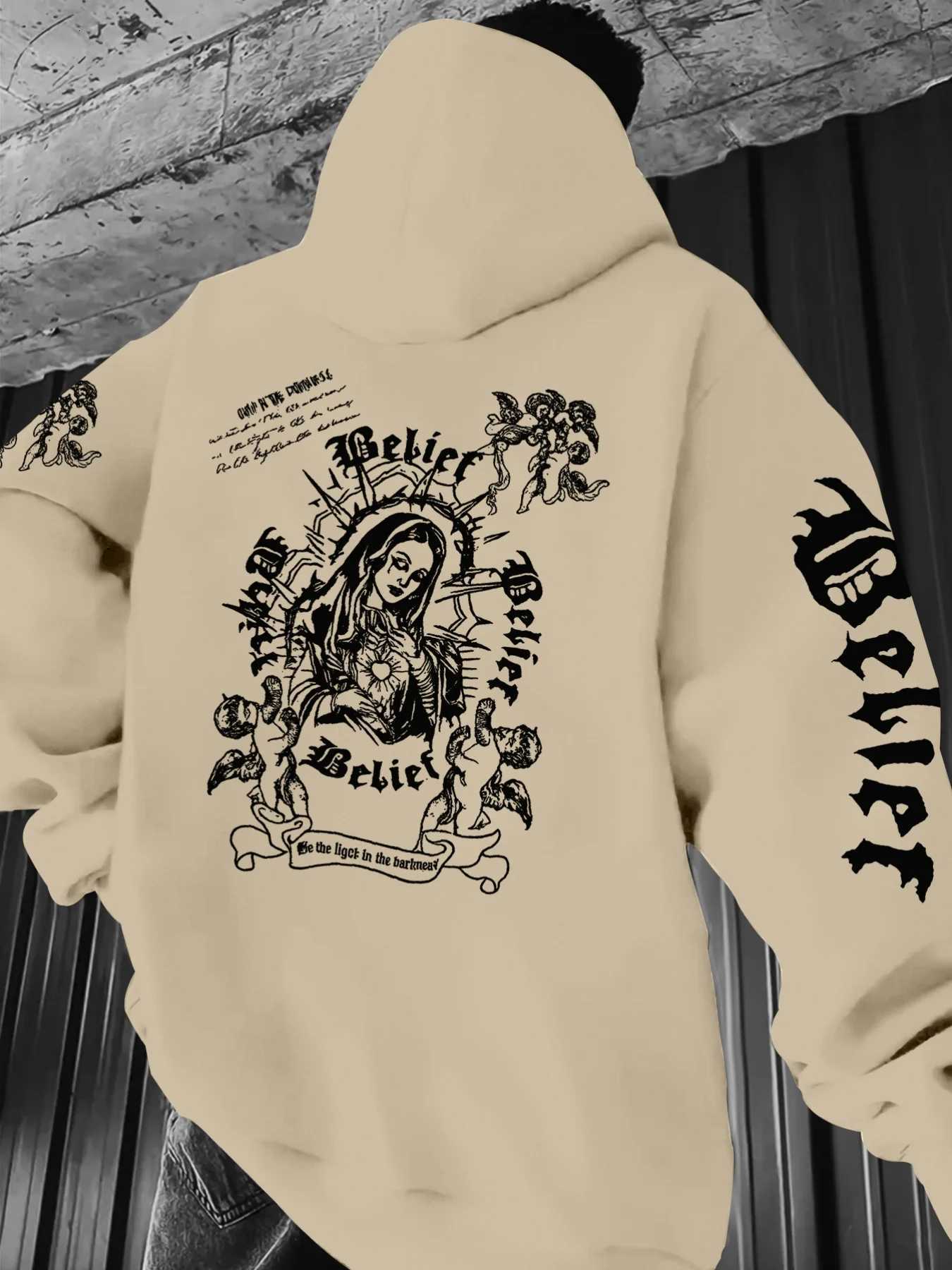 European and American mens autumn Statue of Liberty little angel print comfortable soft hooded sweatshirt outdoor street top W251021