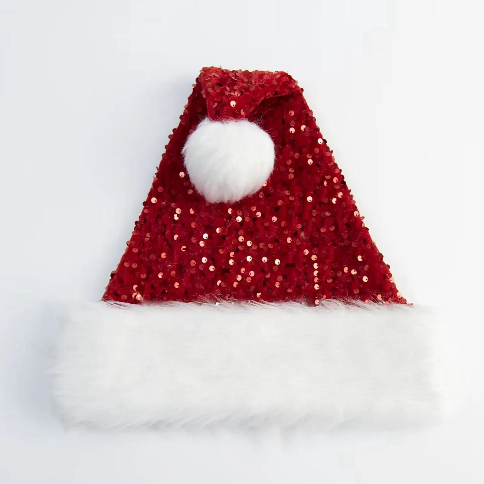 1PC Doublelayer Sequined Christmas Hats Christmas Decorations Sequin Plush Hat Plush Thickened Christmas Cap with Fluffy Pompom 251021