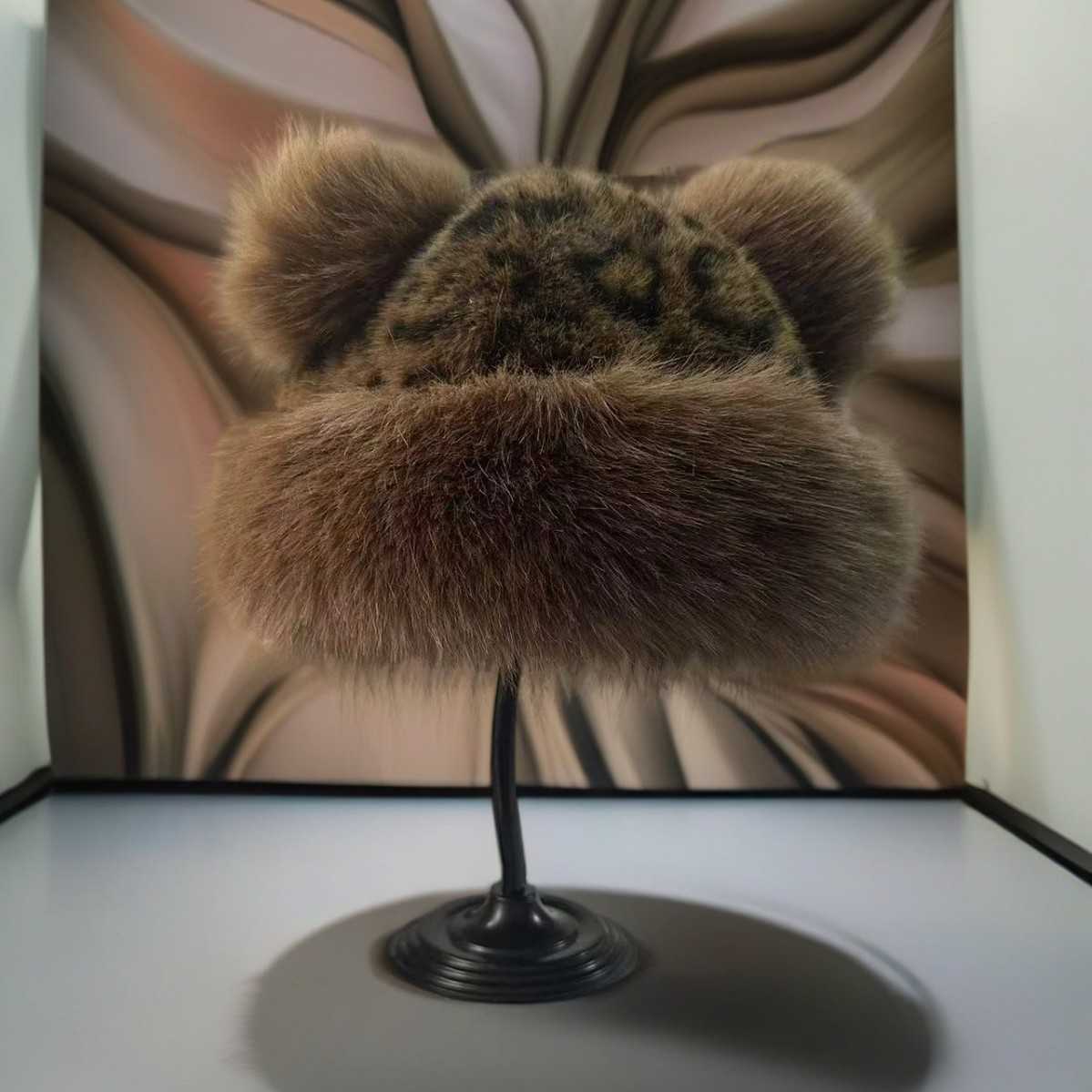 New Leopard Print Bear Hat for Women Cute and Versatile Coldproof Ear Protection Hat Fashionable and Warm Faux Fur Hat for Autumn and Winter H251020