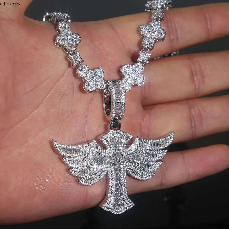 Hip Hop Wing Cross Pendant Necklace with Chain 5A Zircon White Gold Plated Religious Men Jewelry